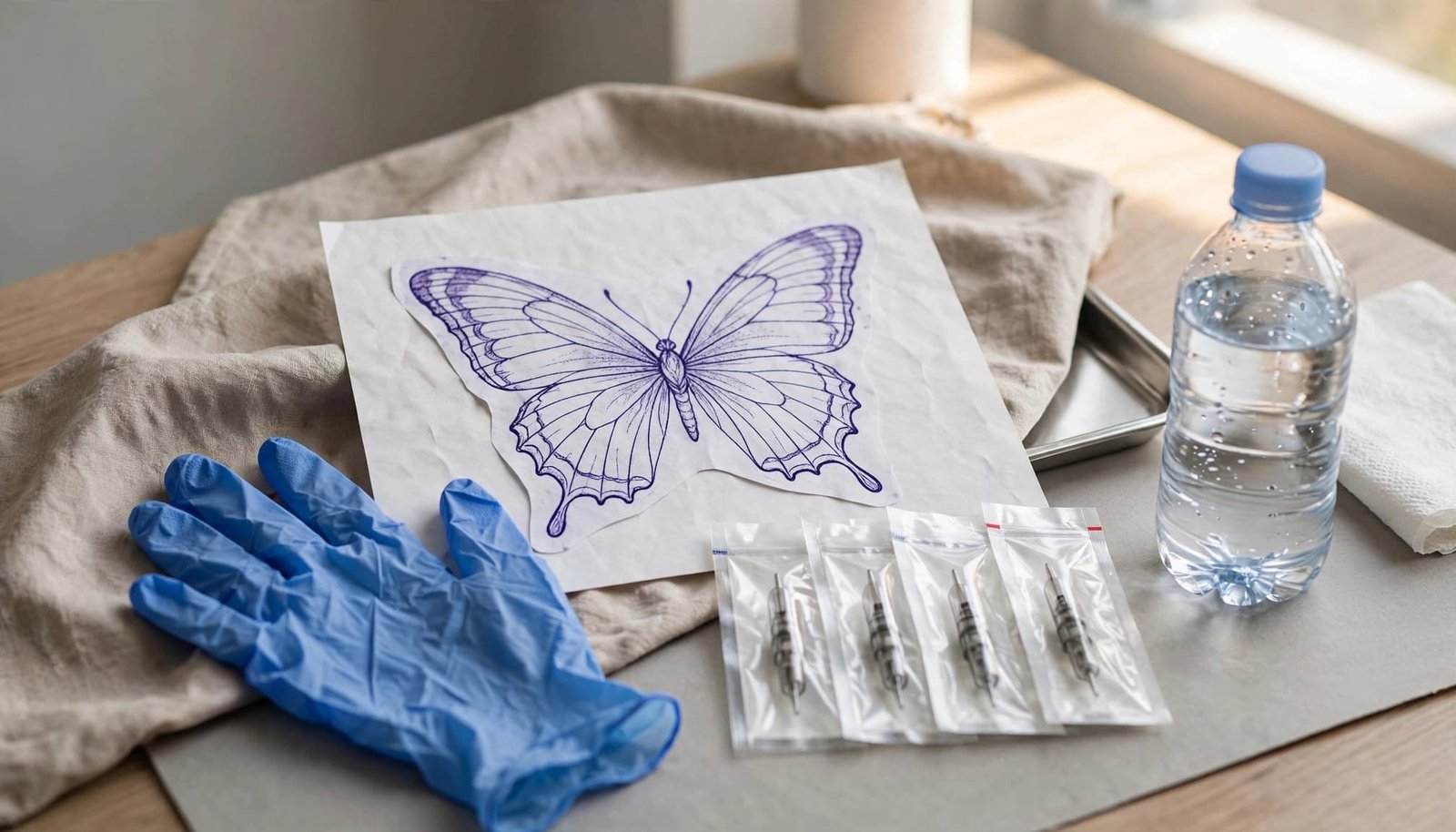 Butterfly stencil beside sealed needles and gloves at a clean tattoo workstation.