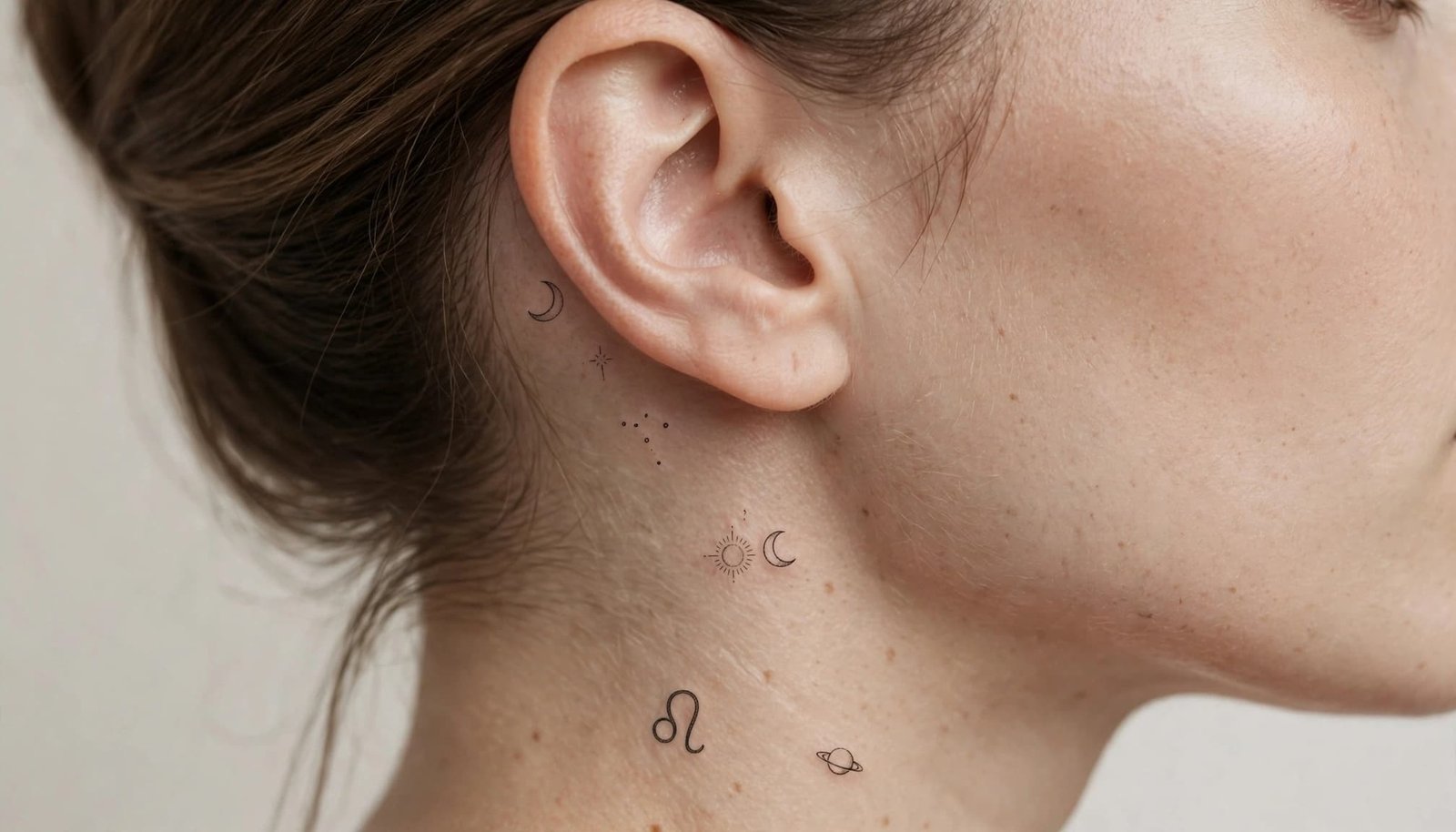 Close-up of an ear with small celestial tattoos spaced across the skin.