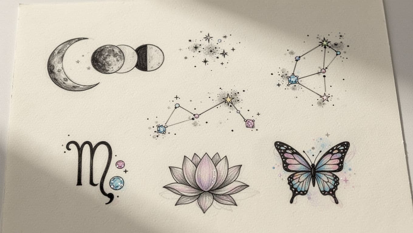 Six delicate celestial and symbolic tattoo designs arranged on cream paper.