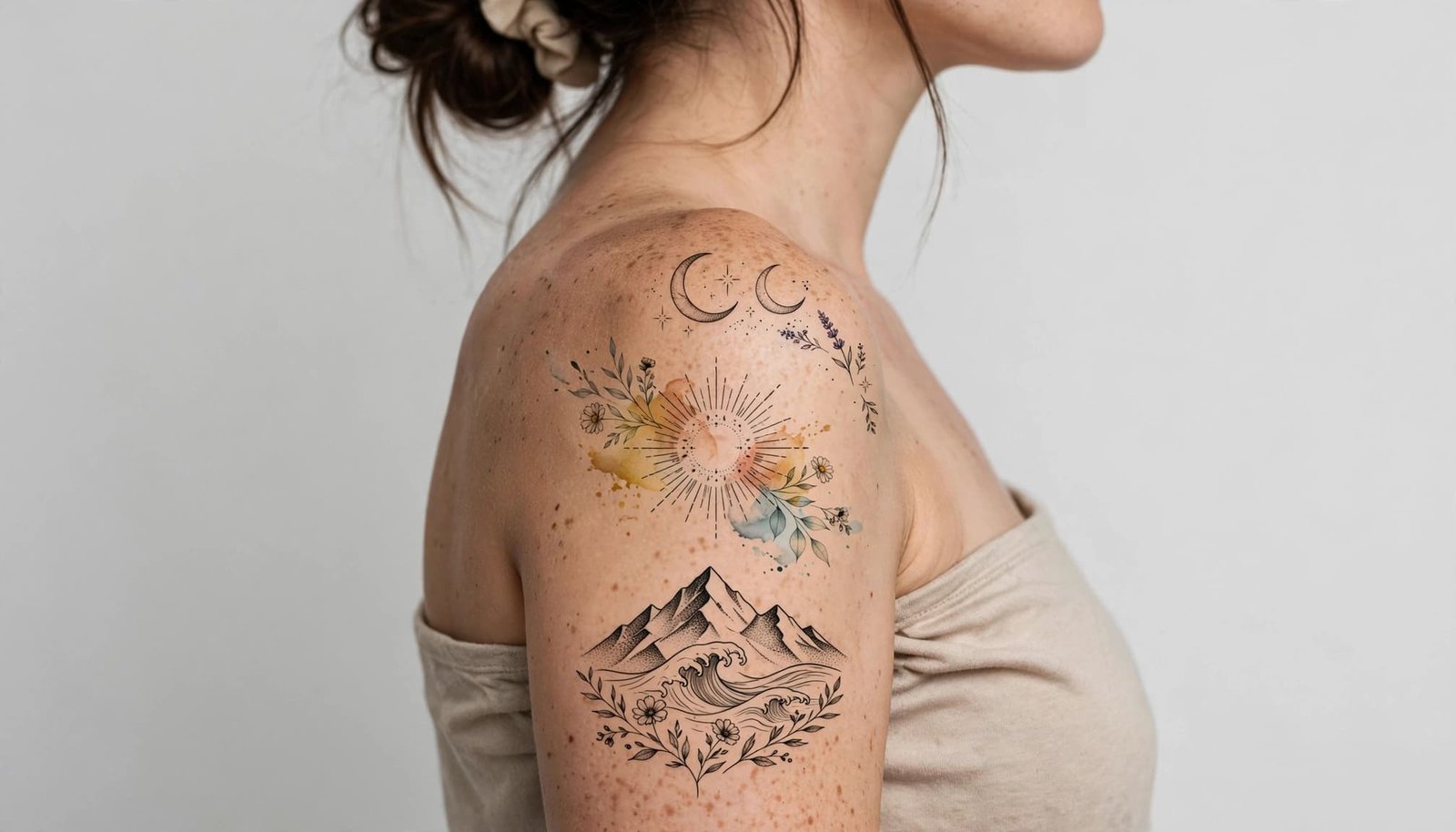 Woman showing celestial, mountain, wave, and floral tattoo designs across her shoulder.