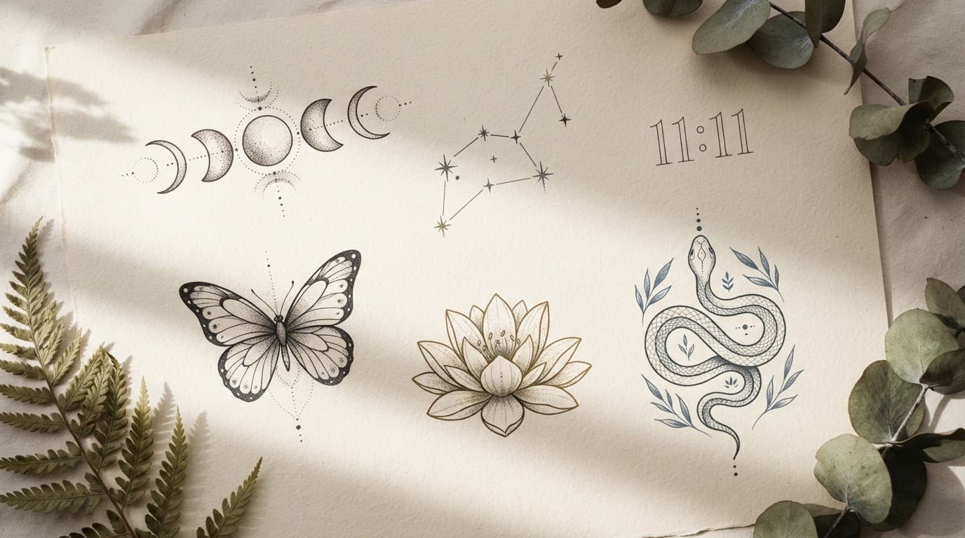 Tattoo sketches show moon phases, a constellation, 11:11, a butterfly, lotus, and snake on textured paper.
