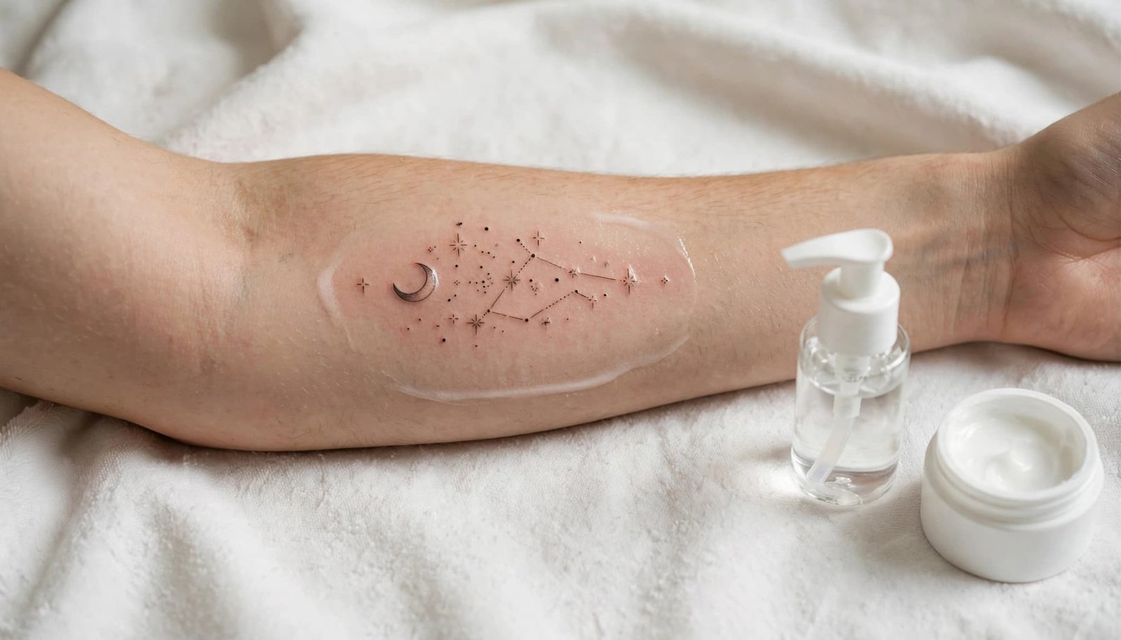 Freshly tattooed forearm beside cleanser and moisturizer on a clean towel.