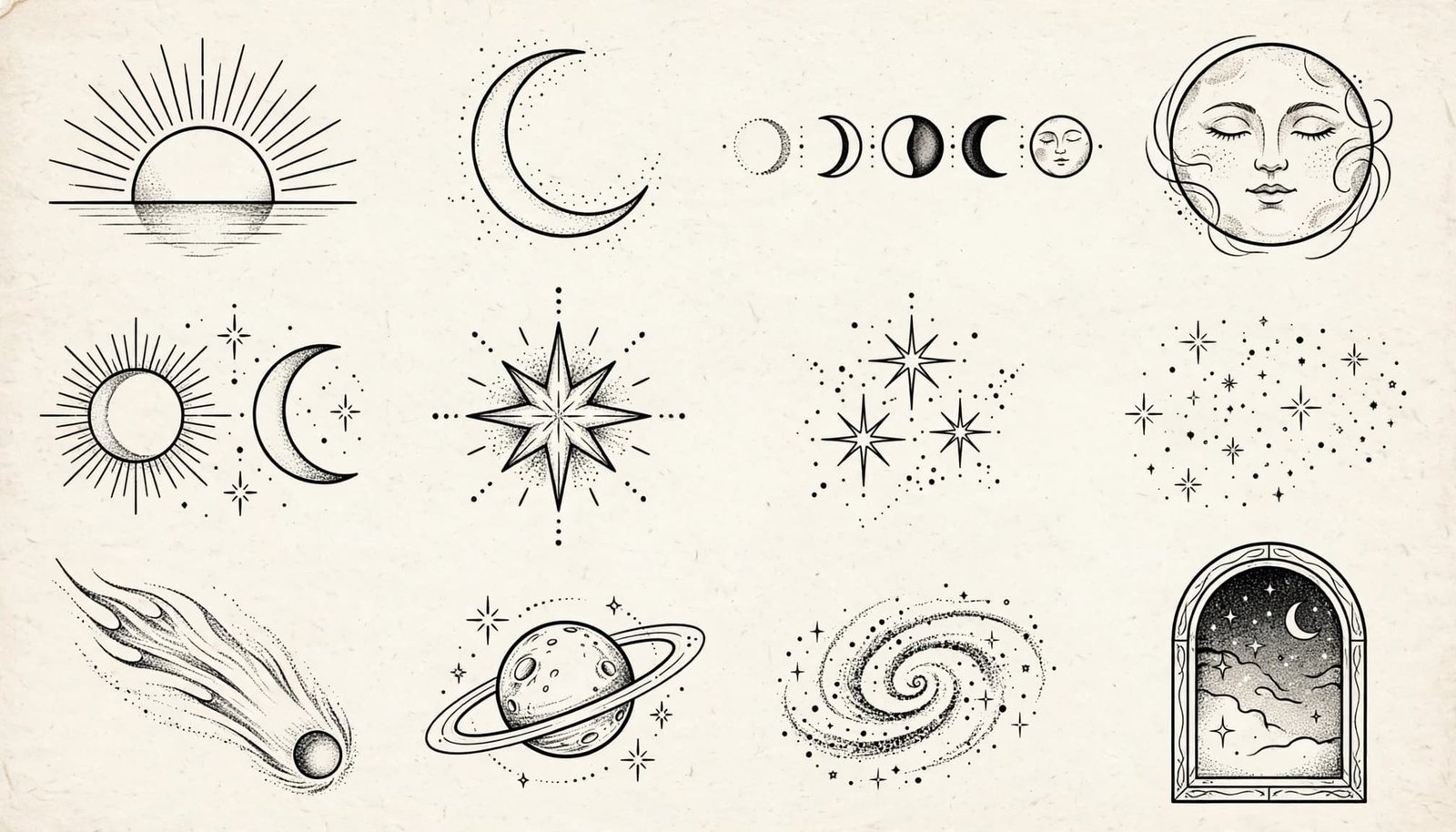 Twelve fine-line celestial tattoo designs arranged on a clean reference sheet.
