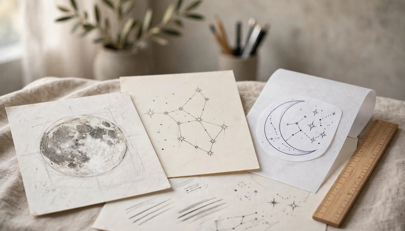 Moon and constellation references beside a tattoo stencil sheet and ruler.