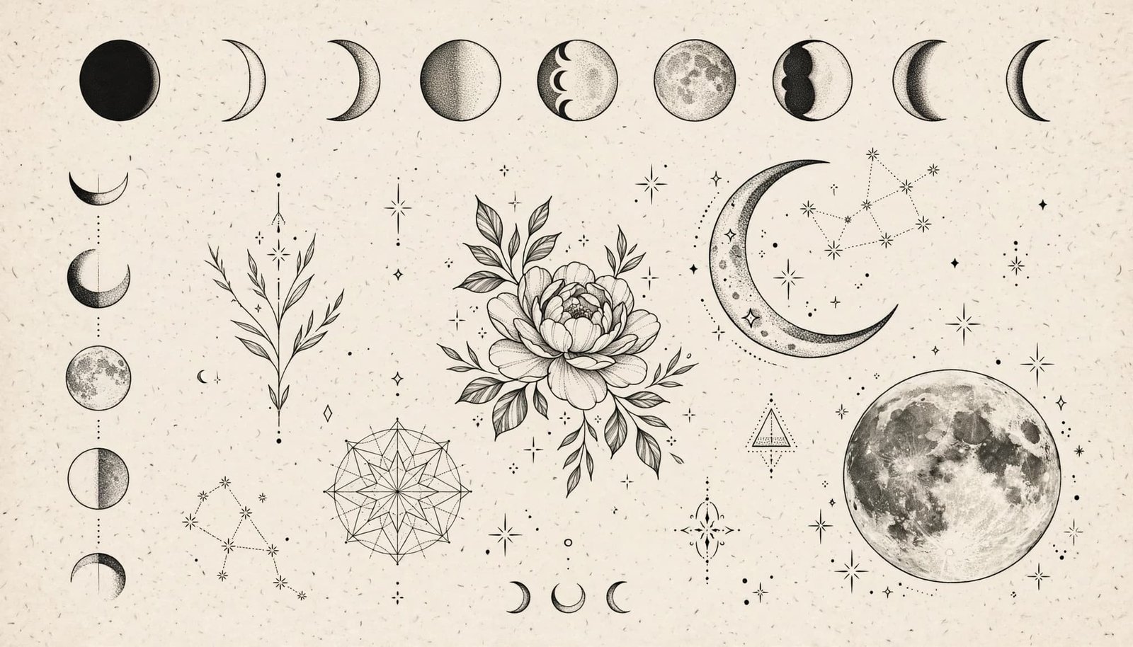 Celestial tattoo designs show moon phases, stars, a flower, and geometric shapes on paper.