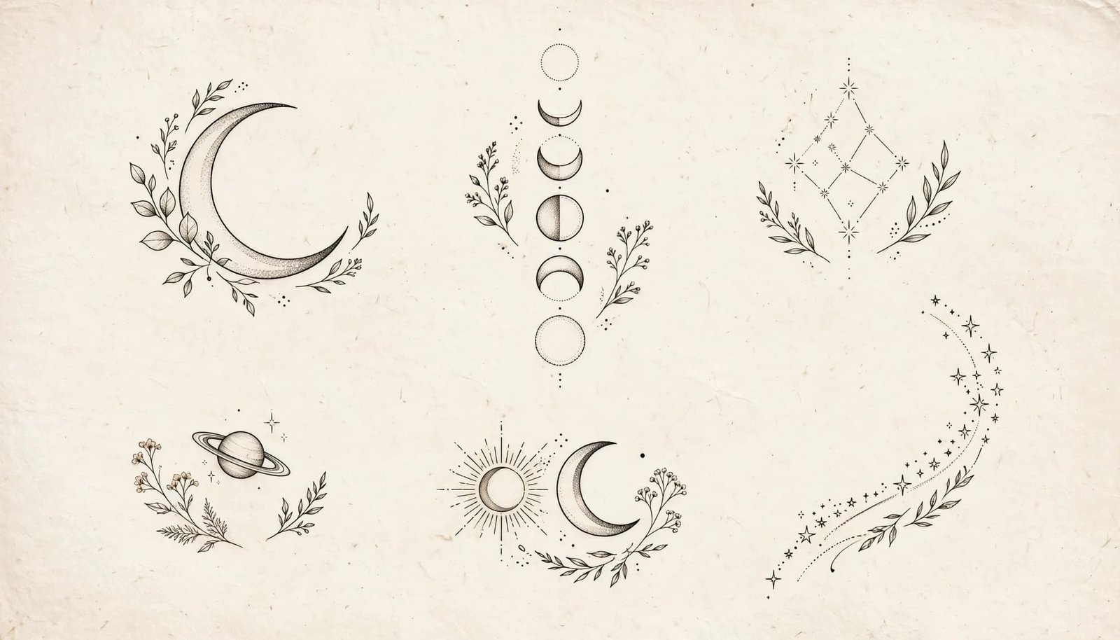 Six fine-line celestial tattoo designs arranged on warm ivory paper.