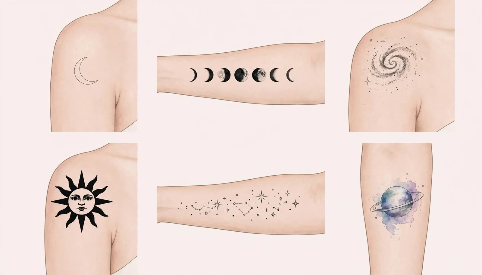 Six celestial tattoo designs shown on illustrated arms and shoulders.