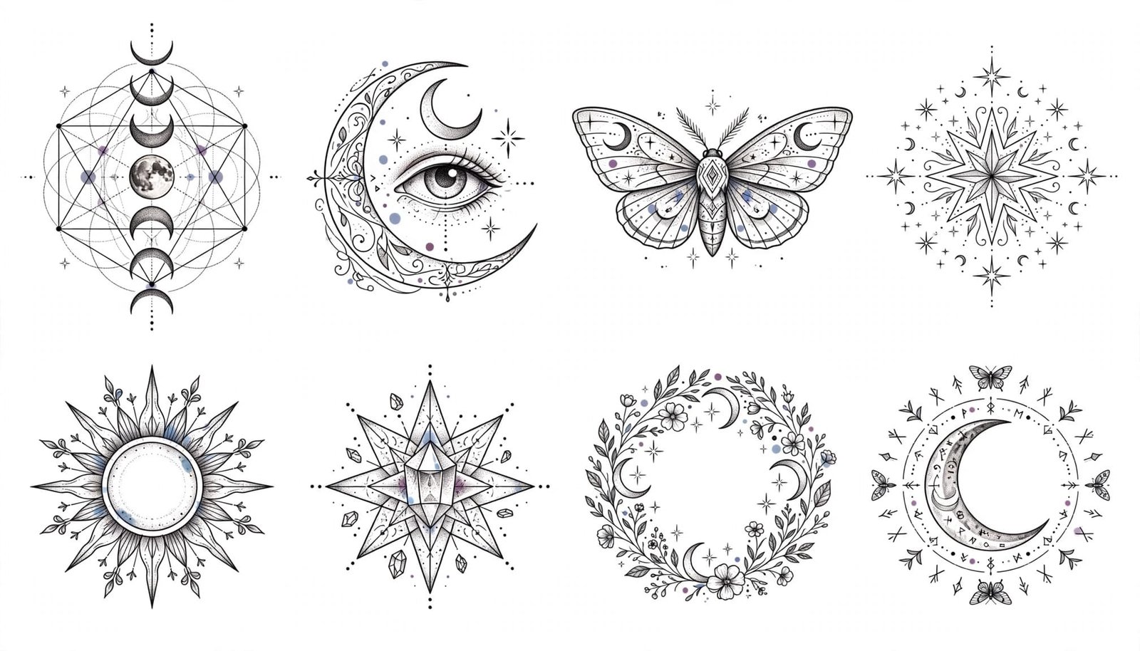 Eight delicate celestial tattoo designs arranged on a white reference sheet.