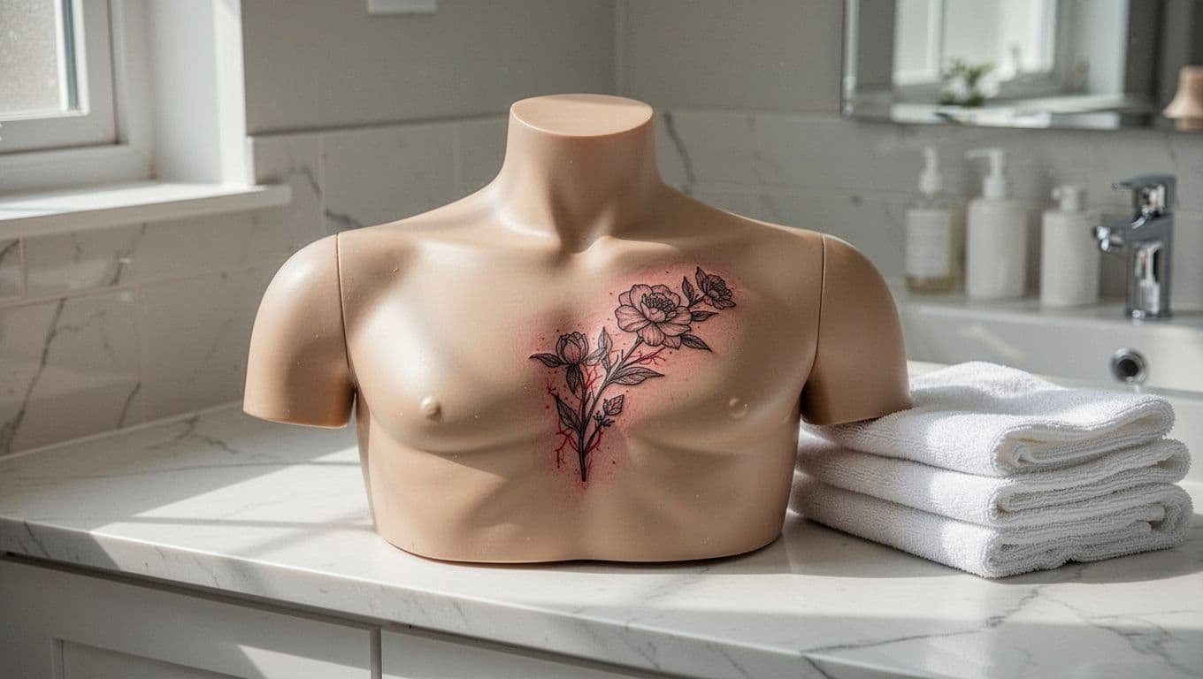 A mannequin torso shows a clean chest tattoo beside folded cotton clothing.
