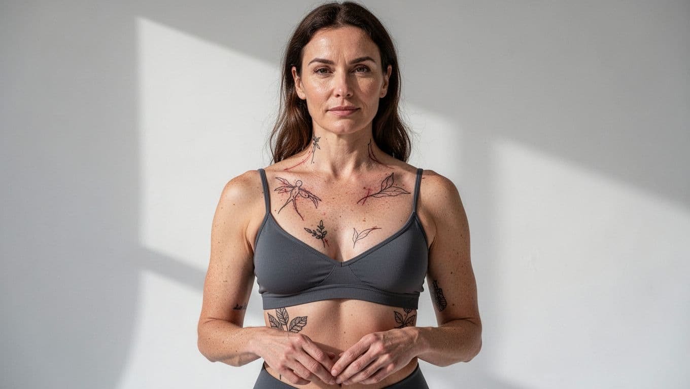 Woman showing delicate tattoos across her collarbone, sternum, and underbust.