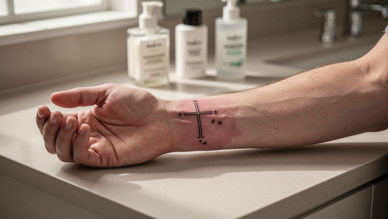 Healing wrist tattoo with a fine-line cross beside simple aftercare supplies.