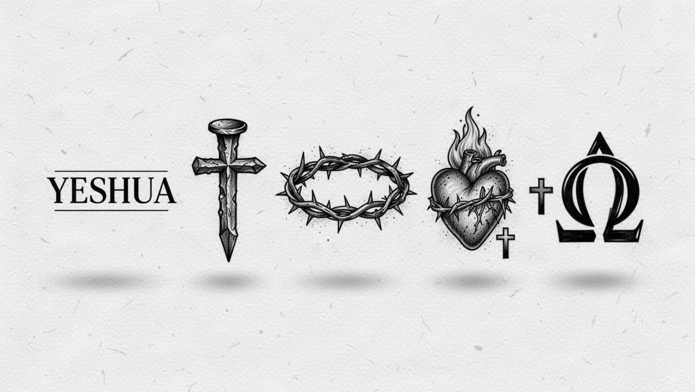 Five Christian wrist tattoo designs arranged on white paper, including a heart, cross, thorn band, and symbolic lettering.