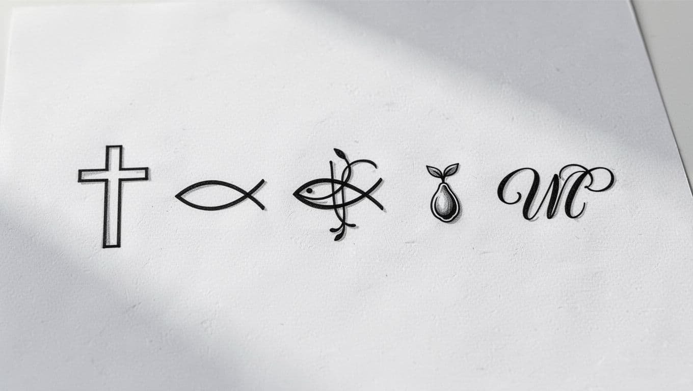 Five small black Christian tattoo motifs arranged on a clean white sheet.