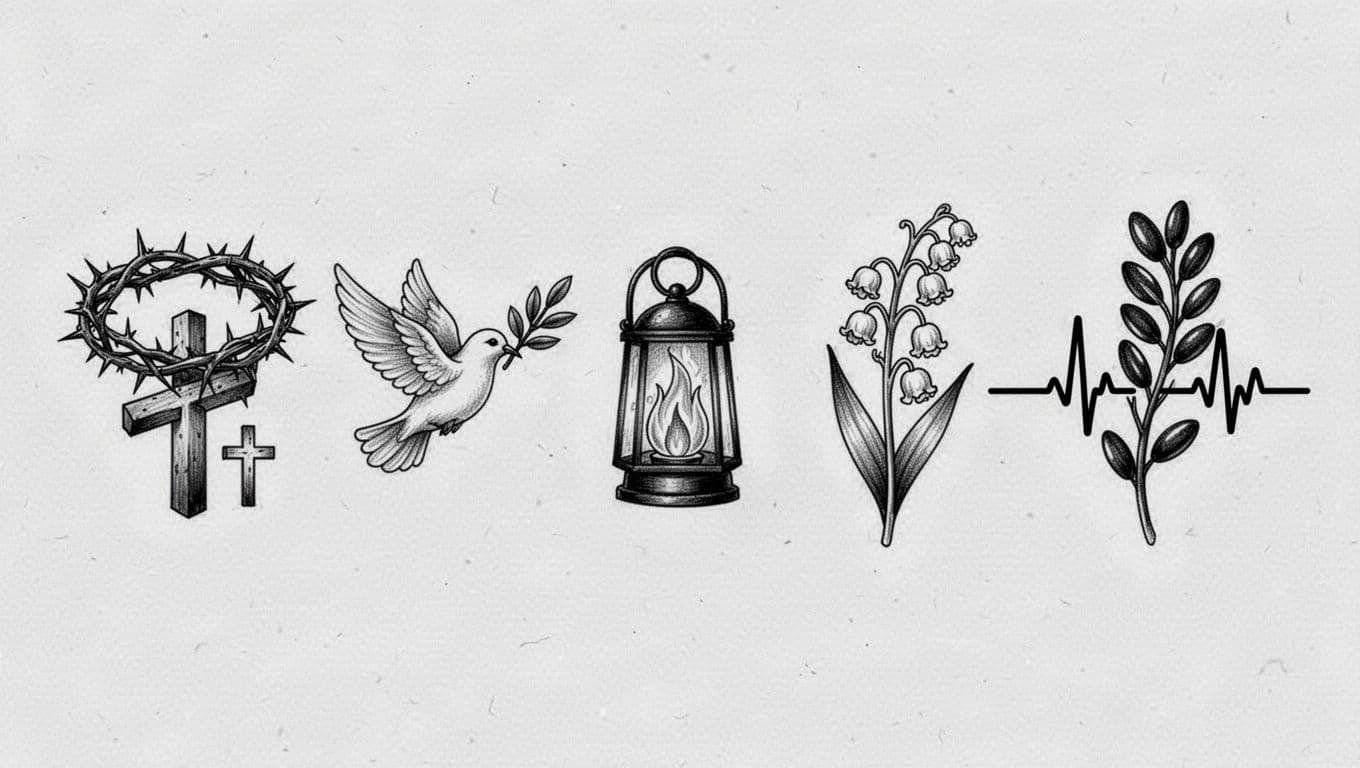 Five Christian-inspired black ink tattoo designs arranged across white sketch paper.