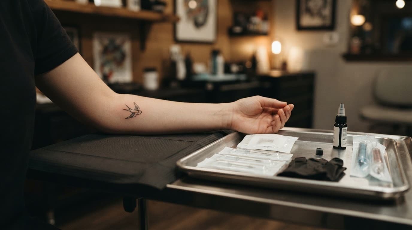 A healed forearm tattoo beside sealed needles, gloves, and clean studio supplies.