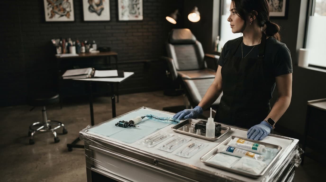 Tattoo artist beside a clean workstation with sterile supplies and a consultation chair.