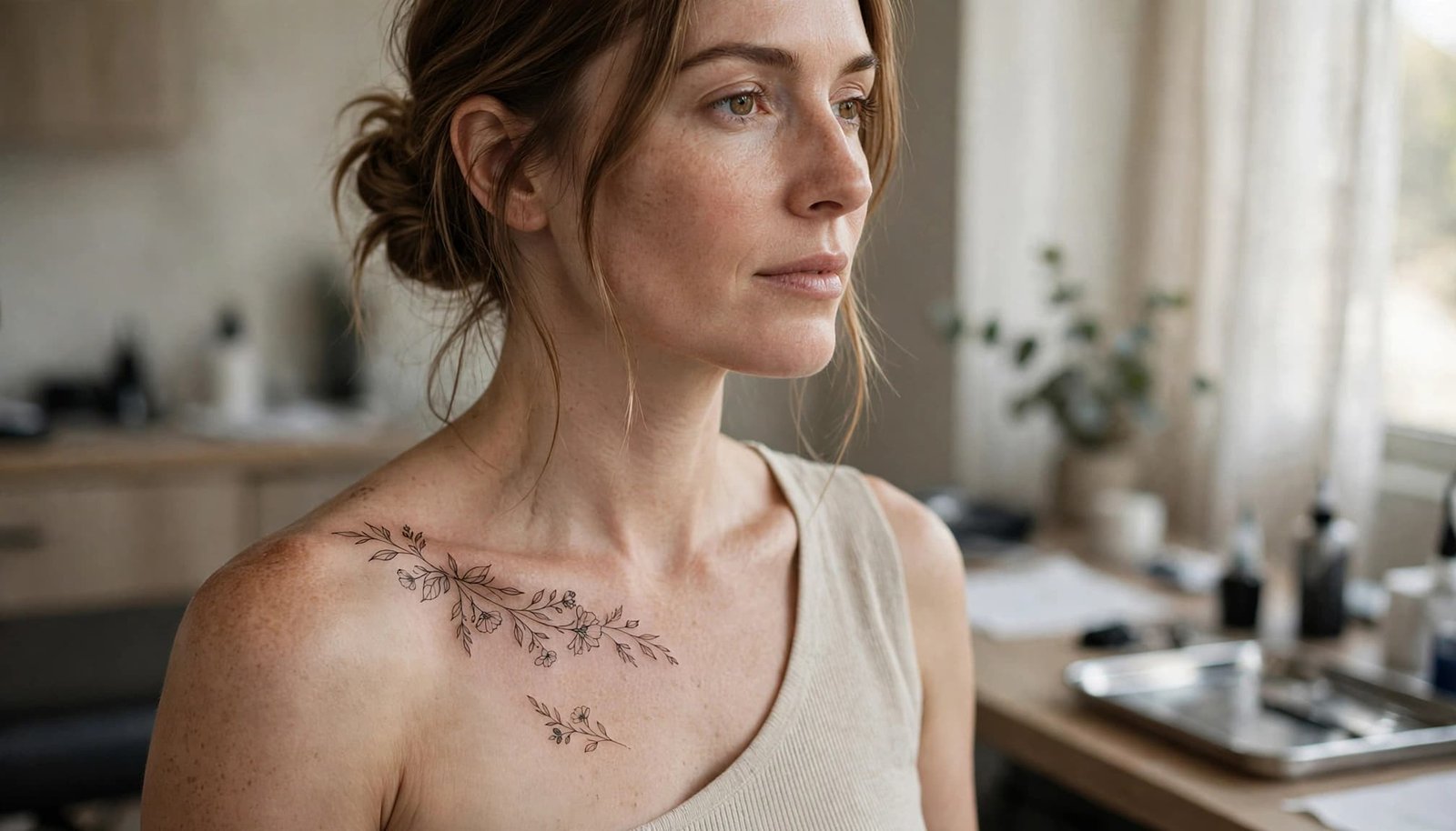 Woman showing two delicate floral tattoos near her collarbone in a softly lit studio.