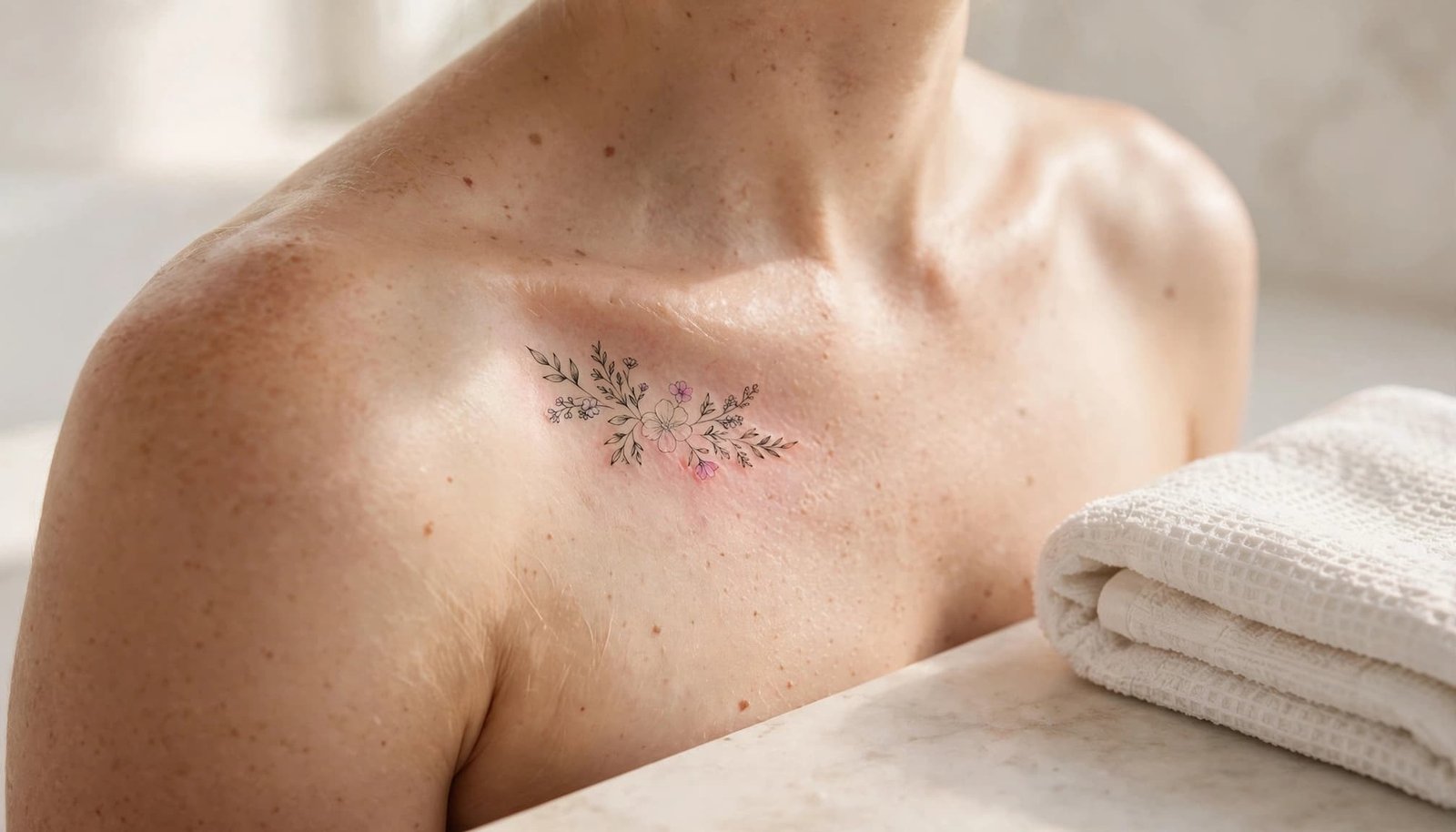 Woman's collarbone with a small floral tattoo beside a folded towel.