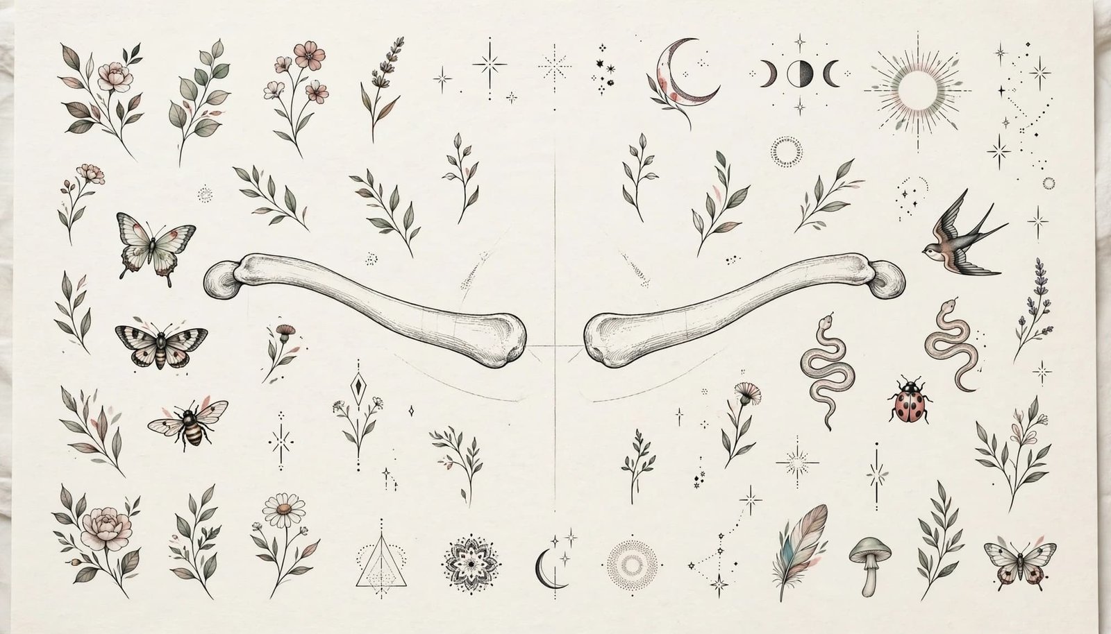 Tattoo ideas arranged around a curved collarbone guide on ivory paper.