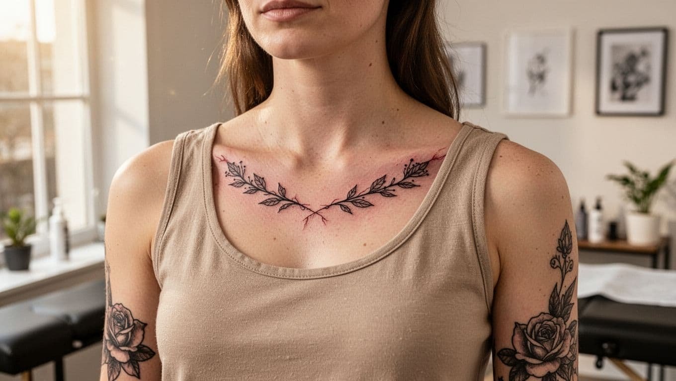 Adult showing a delicate fresh tattoo across the collarbone in a bright studio.
