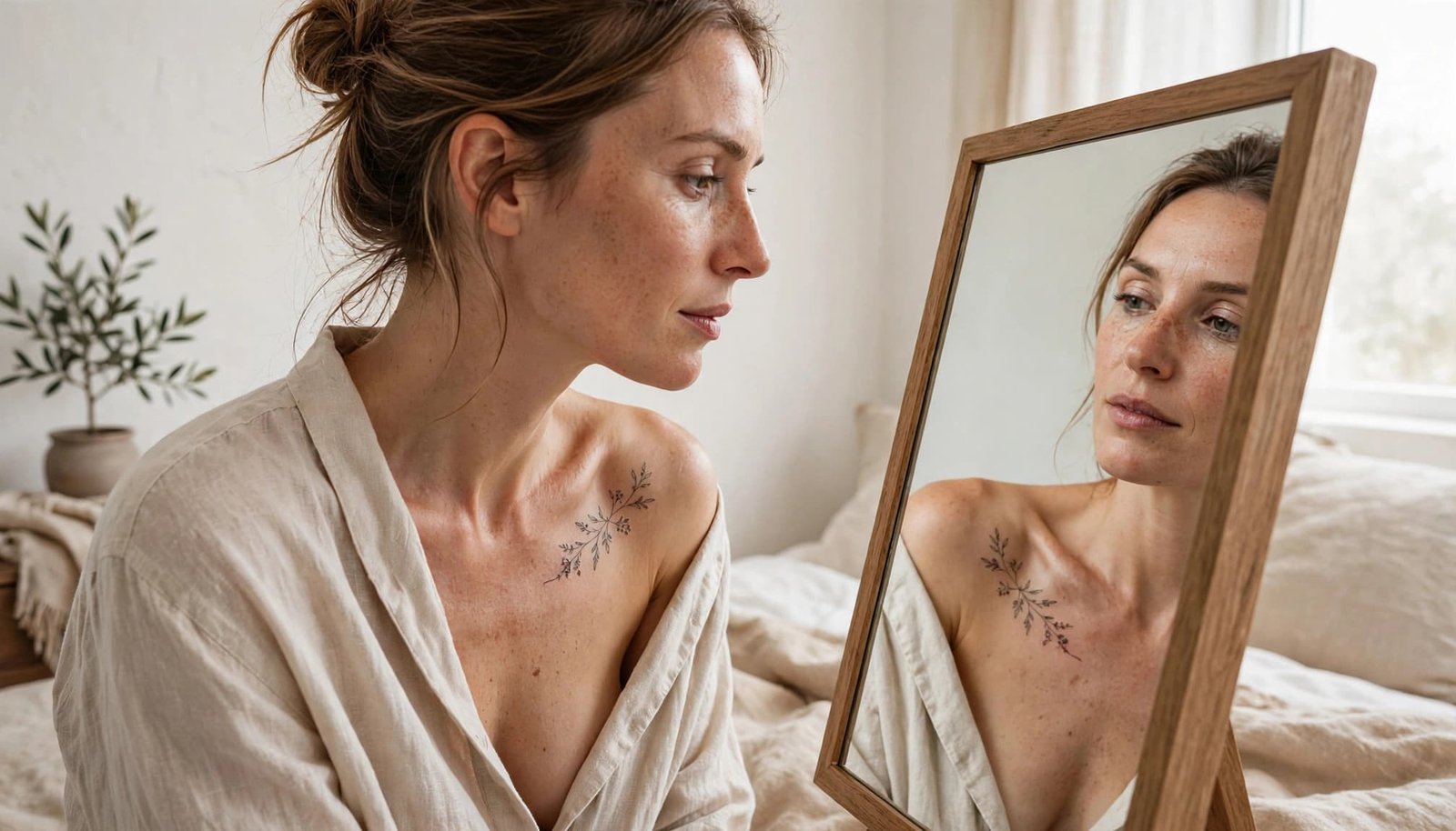 Woman checks her collarbone tattoo in a bedroom mirror.