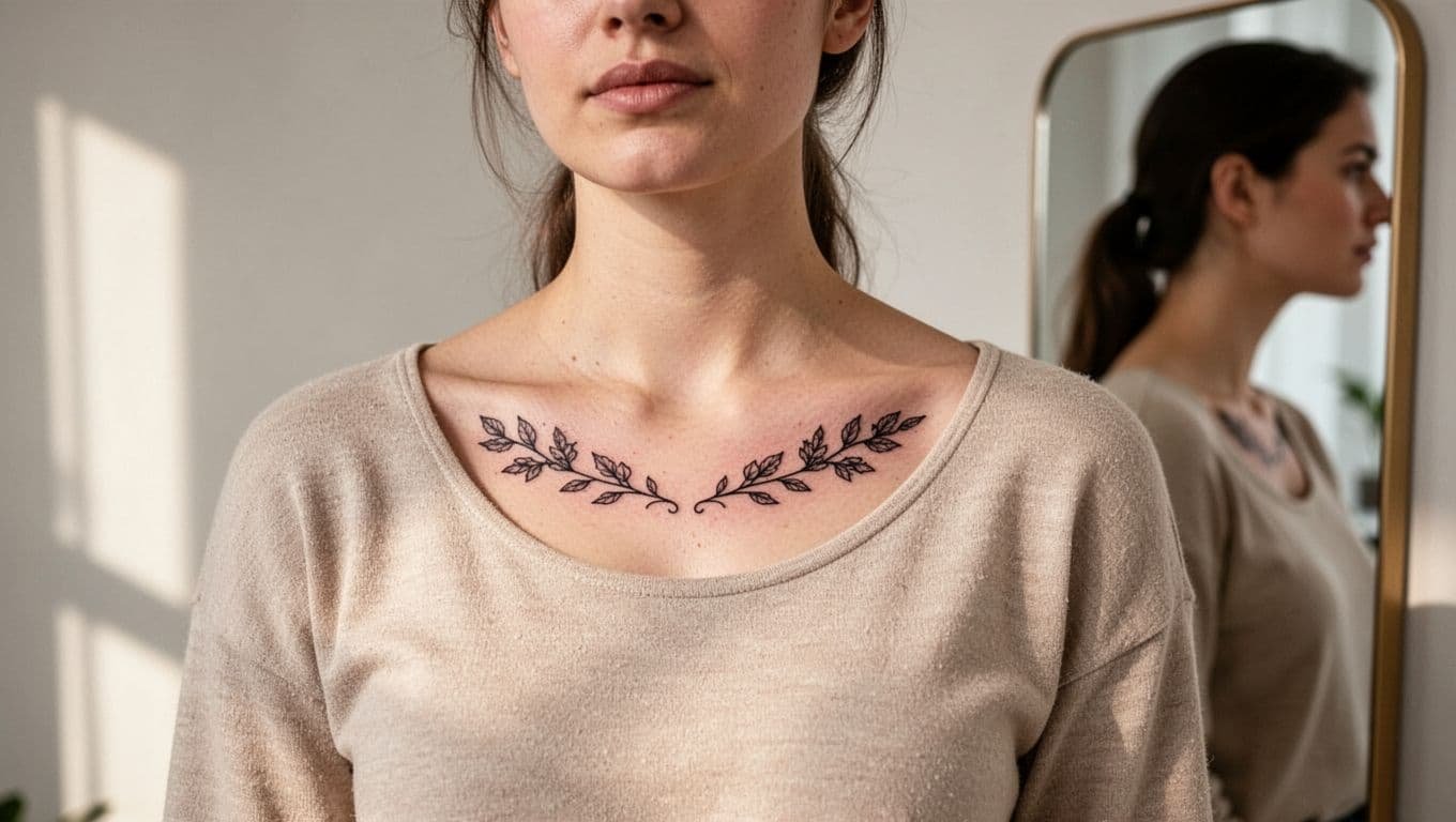 Adult person showing a delicate collarbone tattoo in a clean studio.
