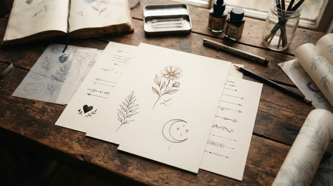 Small tattoo sketches arranged on paper beside tools in a warm artist studio.