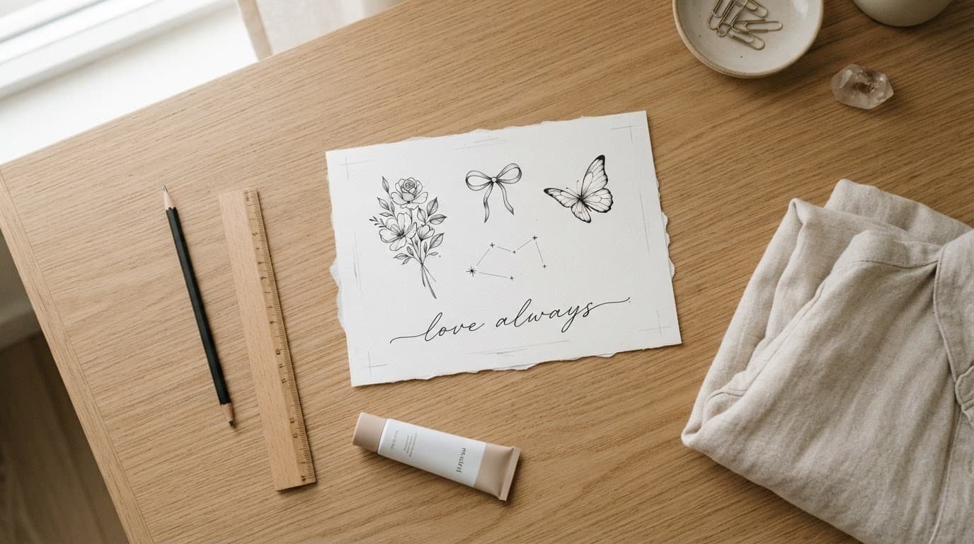 Tattoo stencil designs surrounded by a pencil, ruler, sunscreen, and folded clothing.