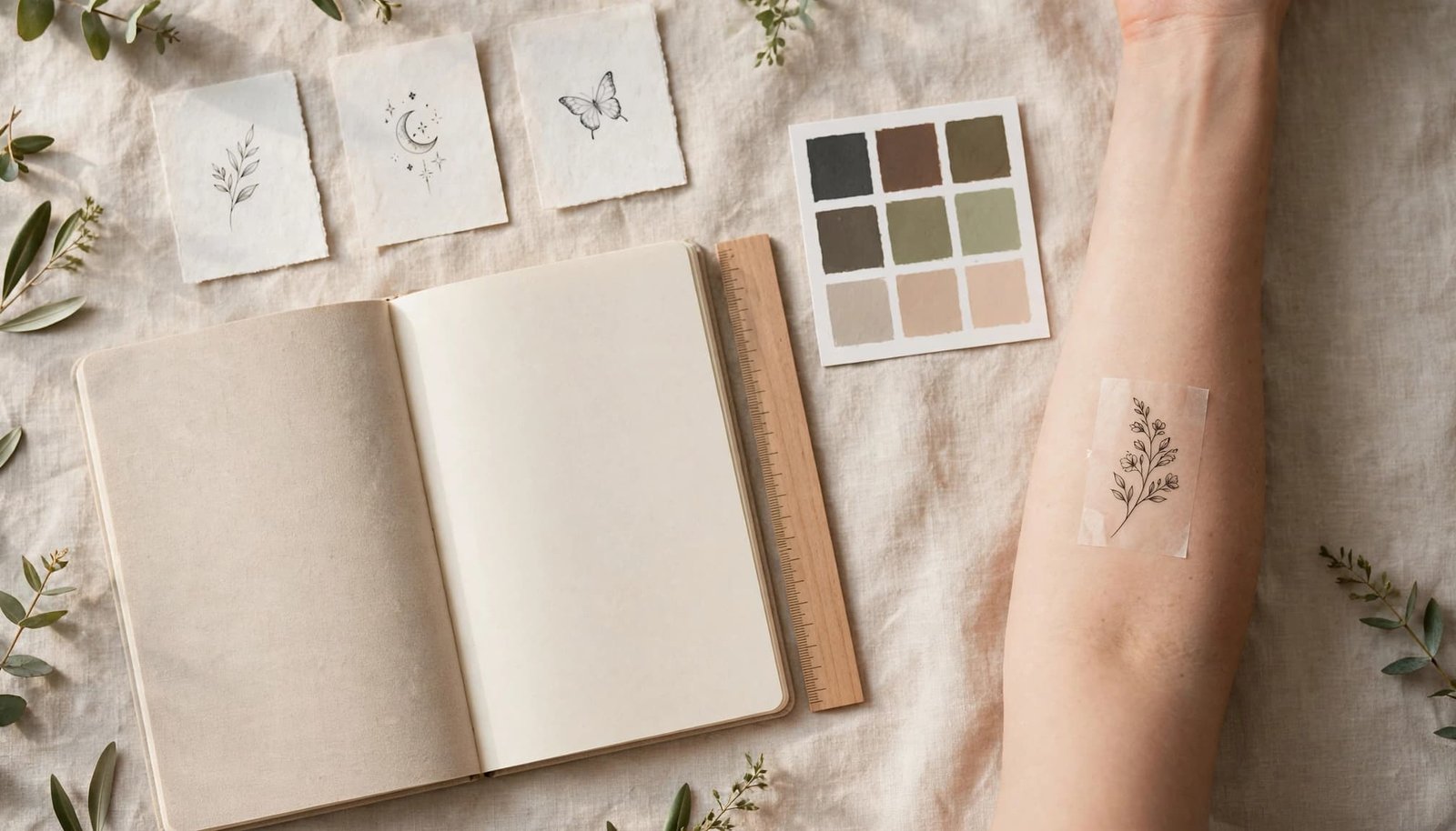 Tattoo sketches, a temporary arm tattoo, color swatches, and a ruler on a bright studio table.