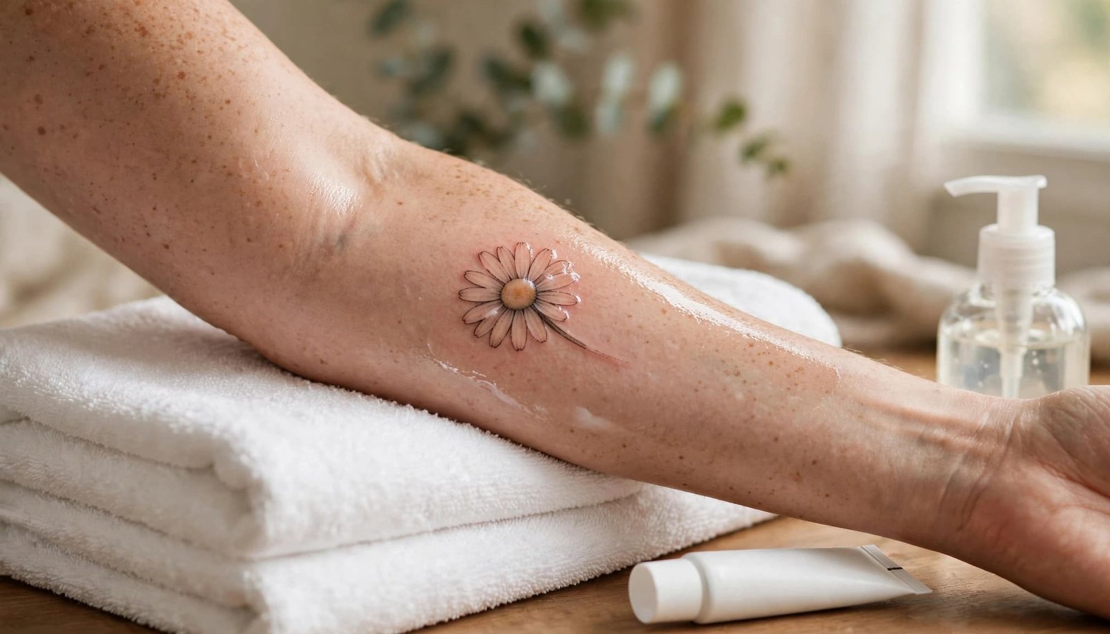 A daisy tattooed forearm beside towels, gentle soap, and moisturizer.