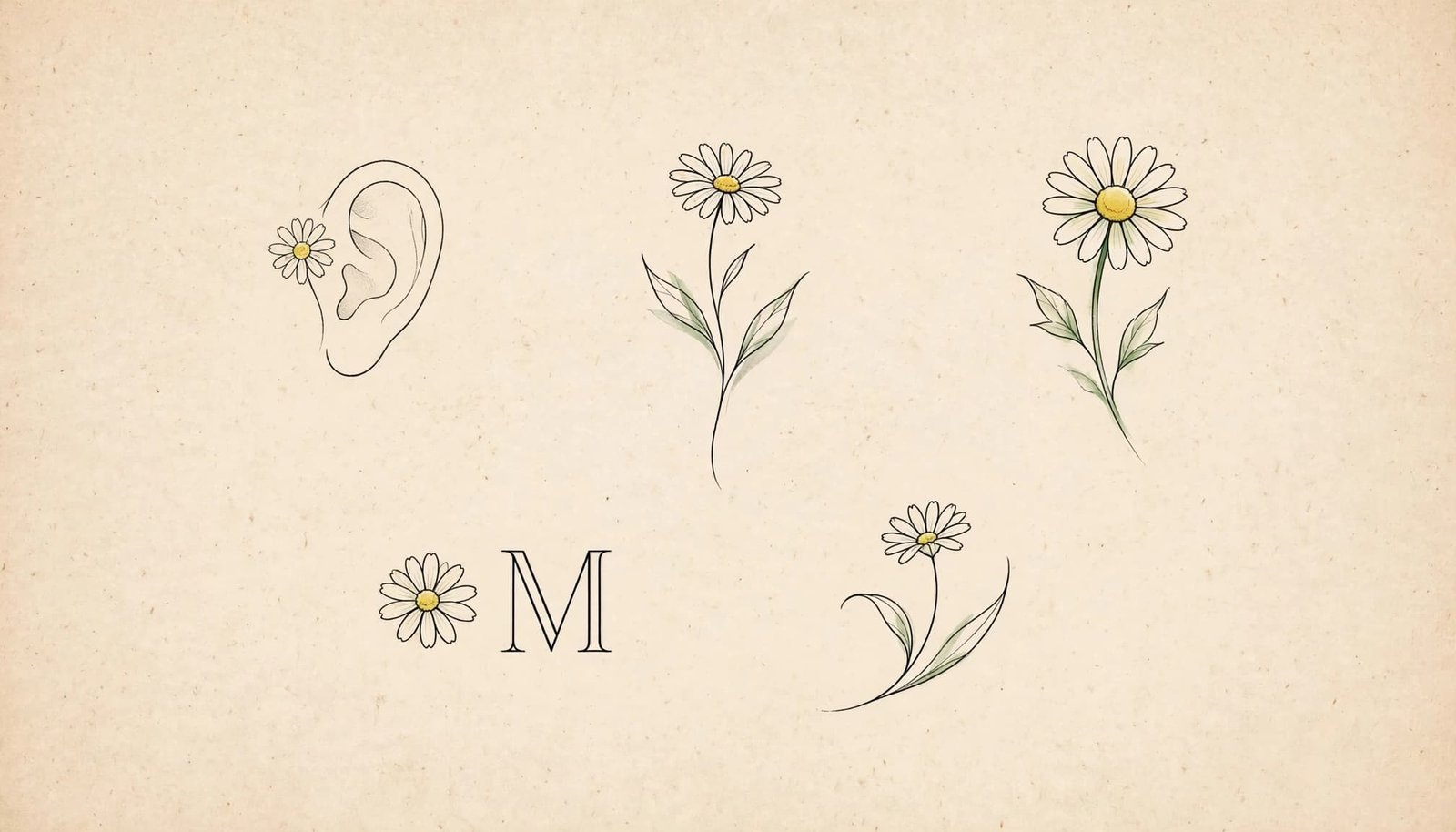 Five delicate daisy tattoo designs on warm paper, including leafy and initial-accented variations.