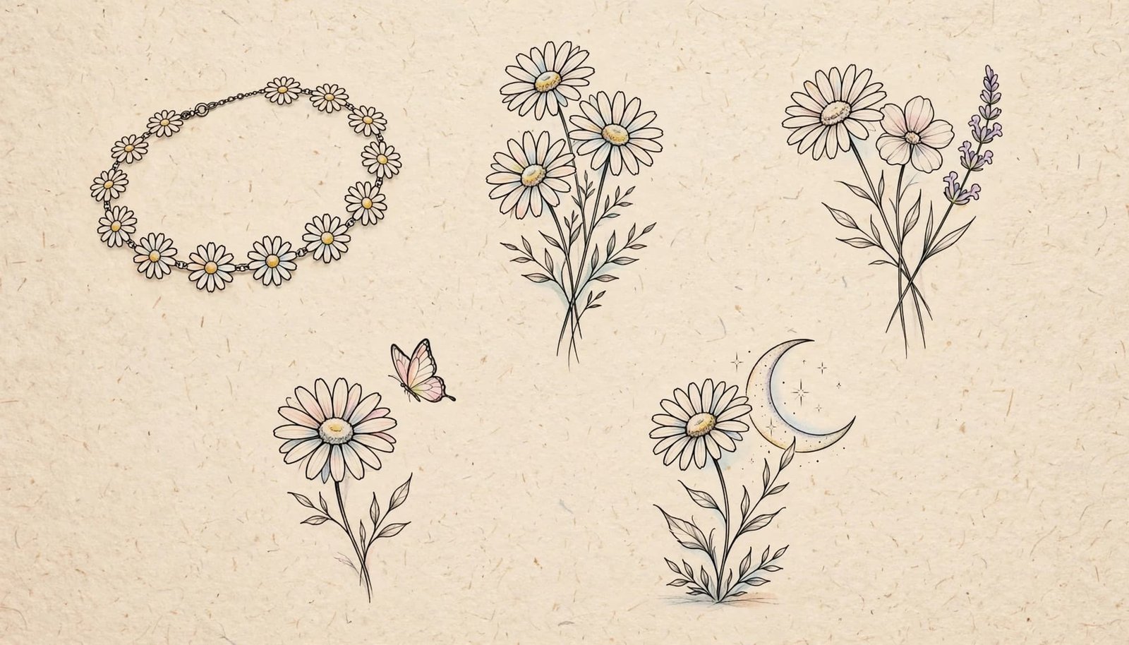 Five daisy tattoo sketches show flowers paired with a chain, butterfly, companion bloom, and crescent moon.