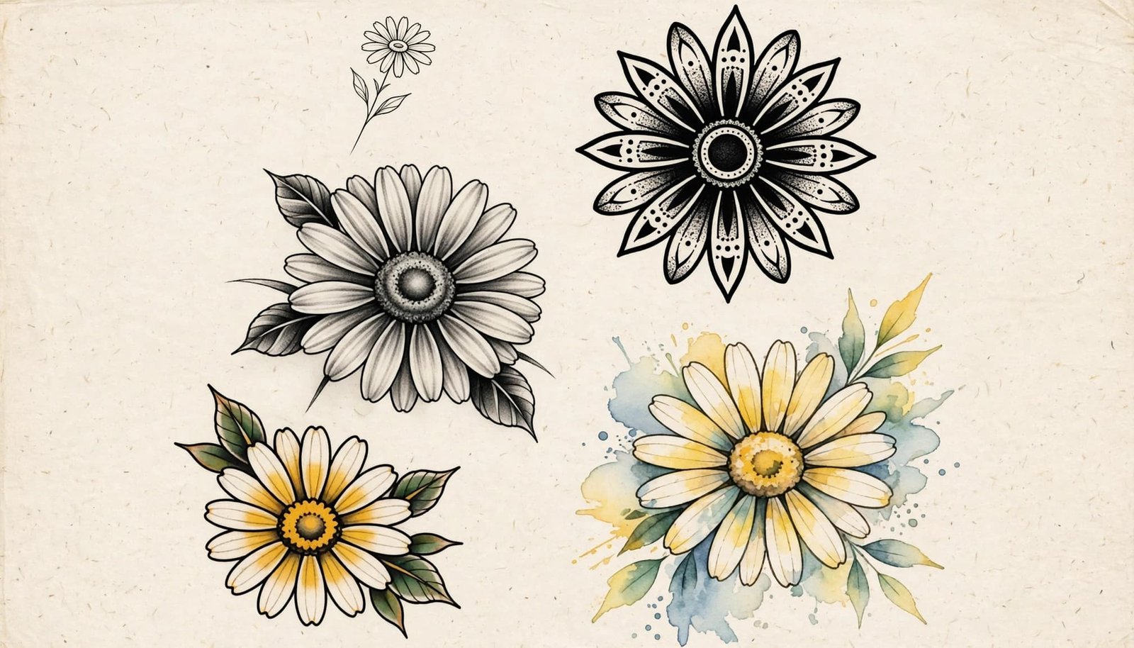 Five daisy tattoo designs in different styles and sizes on off-white paper.