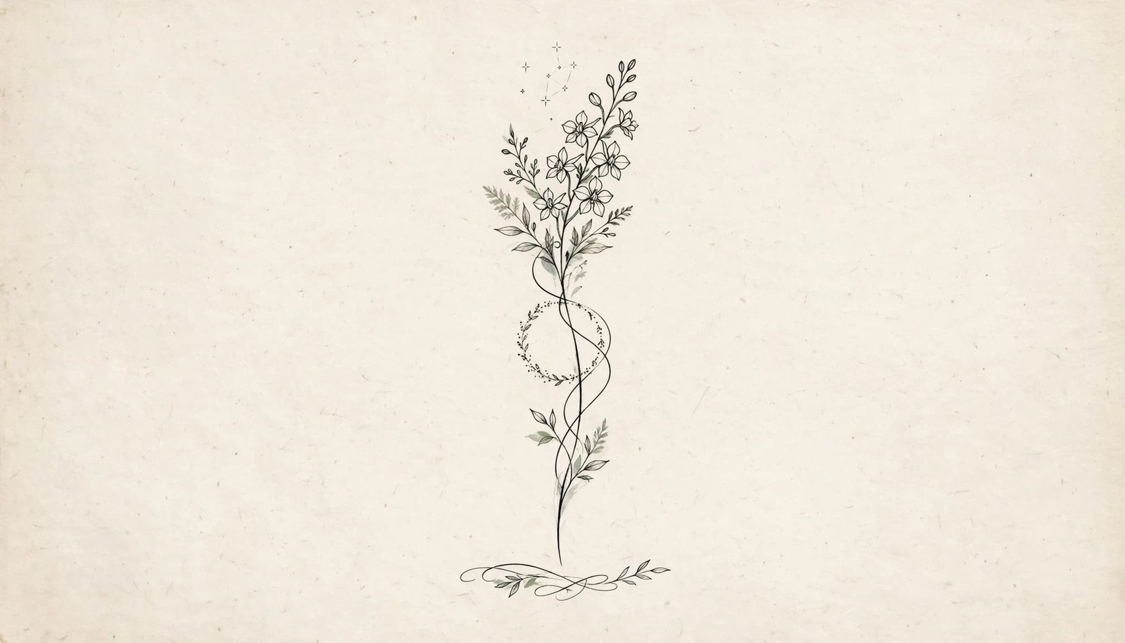 Fine-line floral tattoo design with stars and subtle family details on off-white paper.