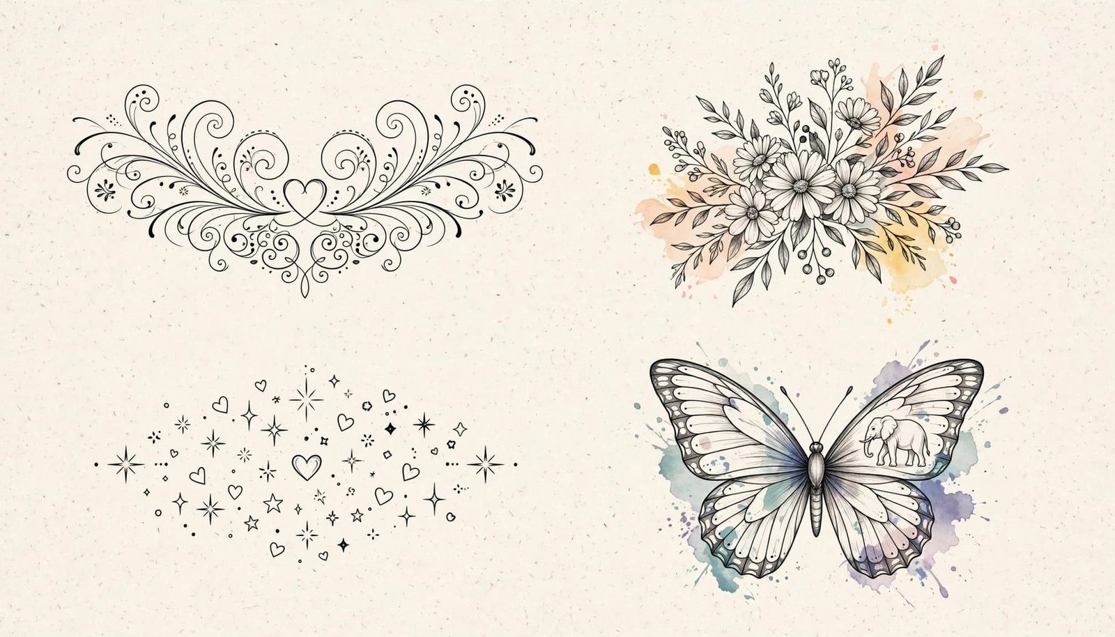 Four groups of delicate daughter-themed tattoo designs on warm off-white paper.