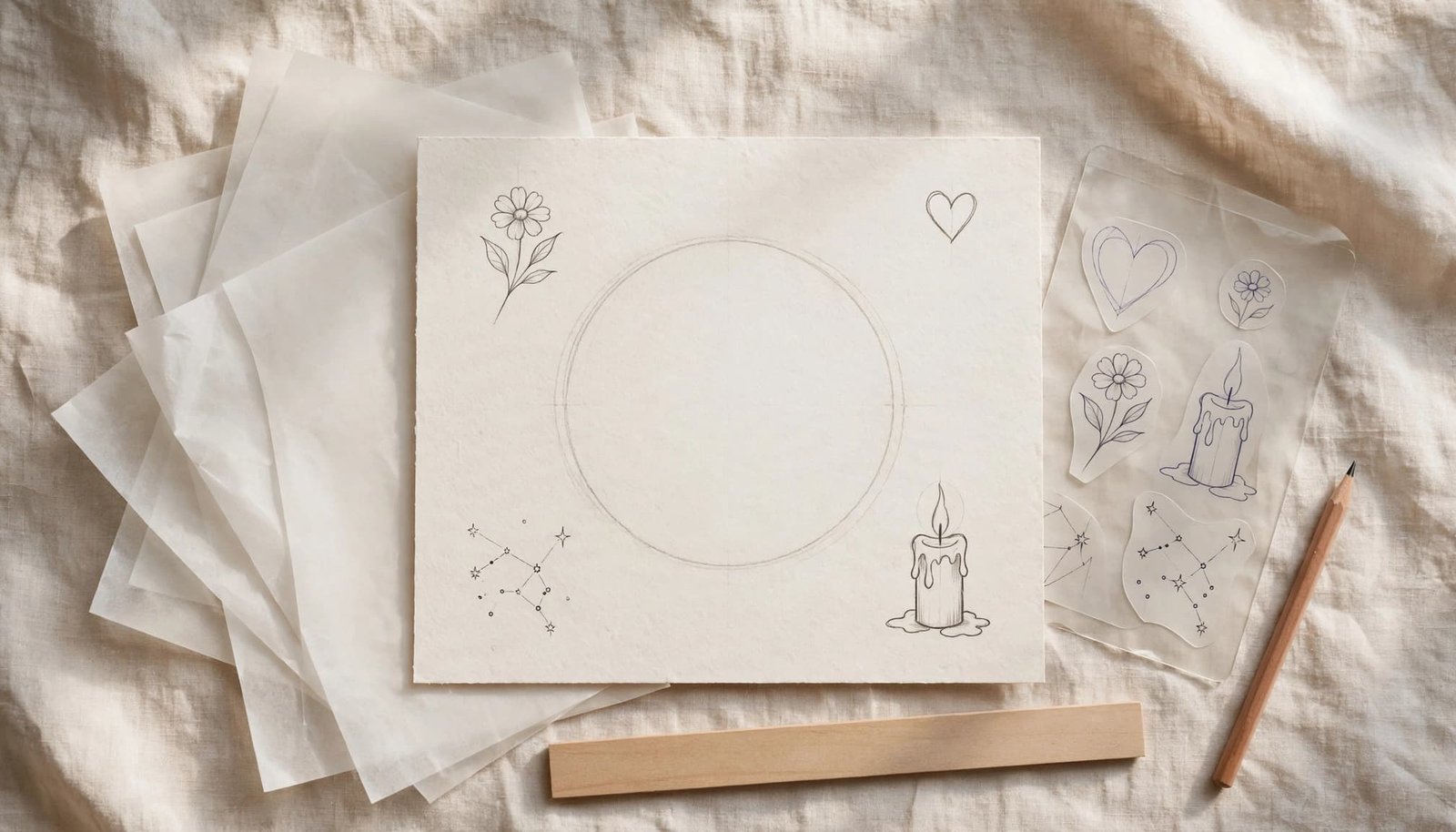 Tattoo sketches surround a blank design area beside tracing paper, a pencil, ruler, and stencil.