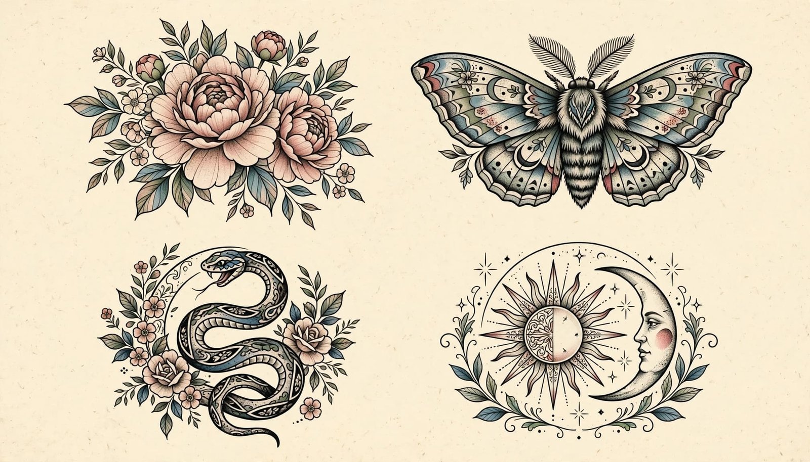 Four decorative tattoo designs show flowers, a moth, a snake, and a sun-and-moon motif.