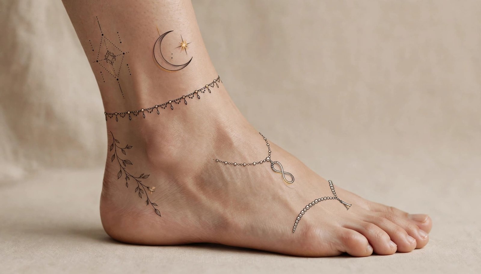 One ankle shows delicate anklet tattoo designs with beads, vines, charms, and geometric accents.