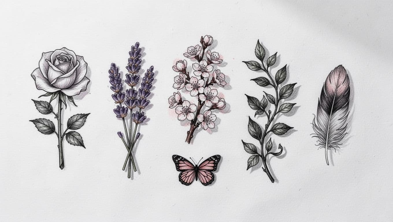 Six delicate floral and nature tattoo designs arranged on white paper.