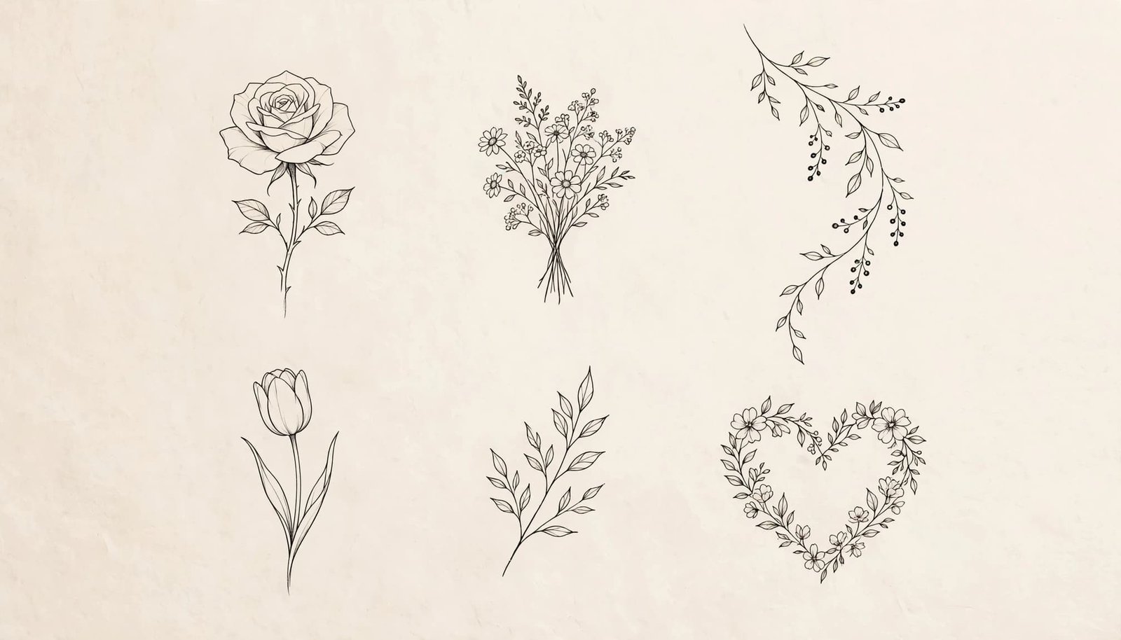 Six delicate botanical tattoo designs arranged on a warm ivory background.