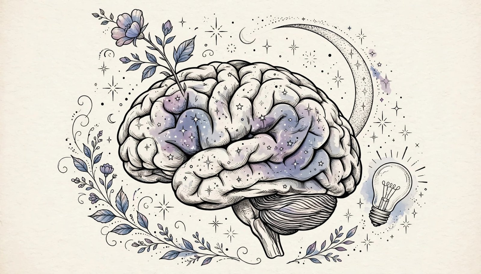 Fine-line brain tattoo design with stars, a moon, lightbulb, sparkles, and a flower.