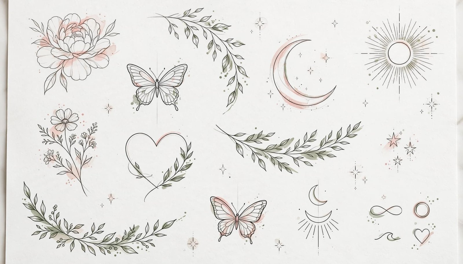 Tattoo board showing delicate flowers, vines, butterflies, moons, stars, and simple symbols.
