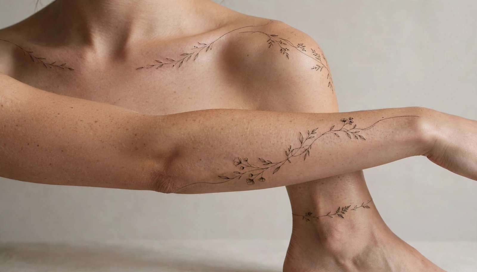 Cropped body details show fine line tattoos on one person's arm, shoulder, collarbone, and ankle.