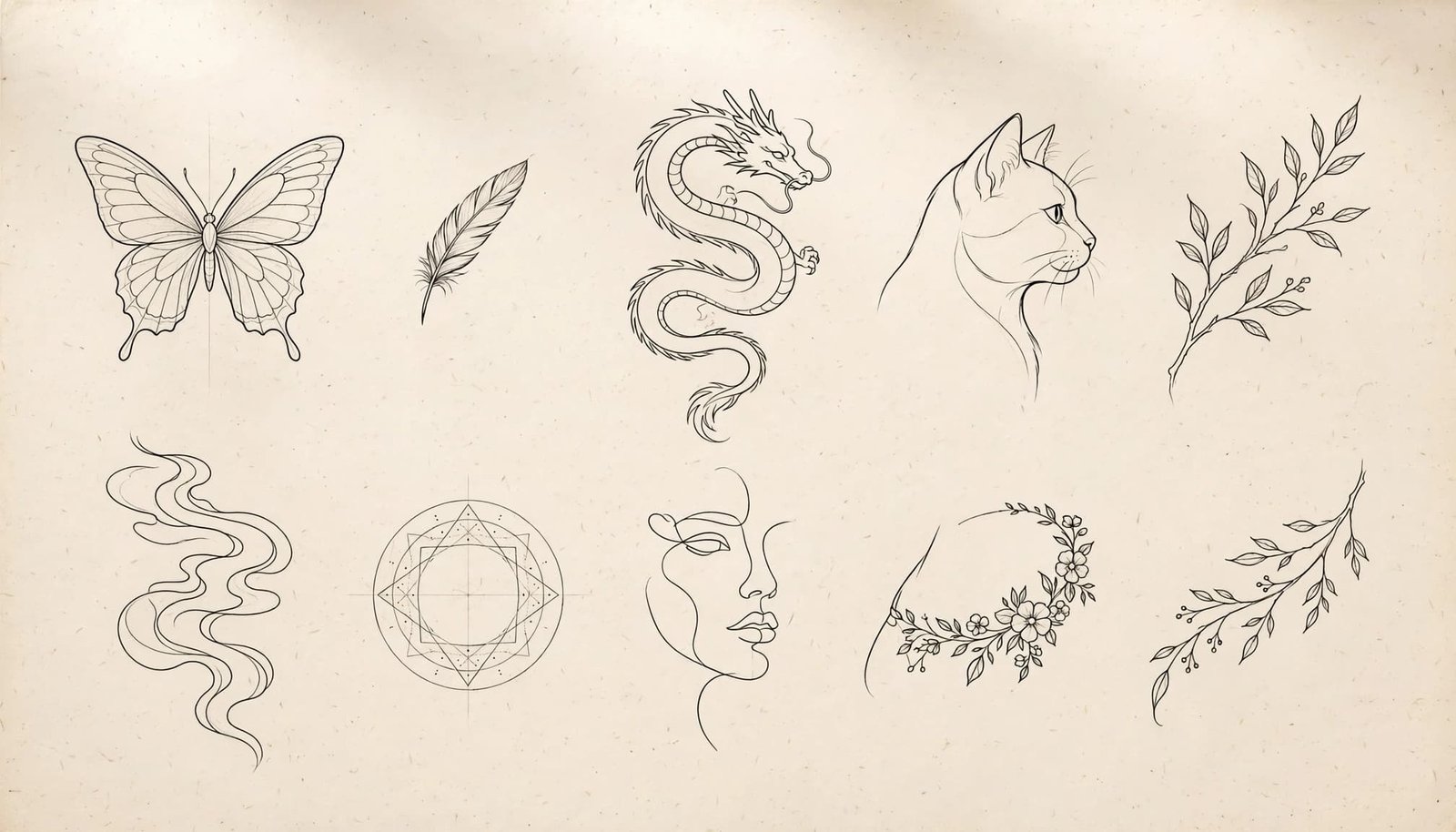 Ten delicate black tattoo sketches arranged on warm ivory paper.