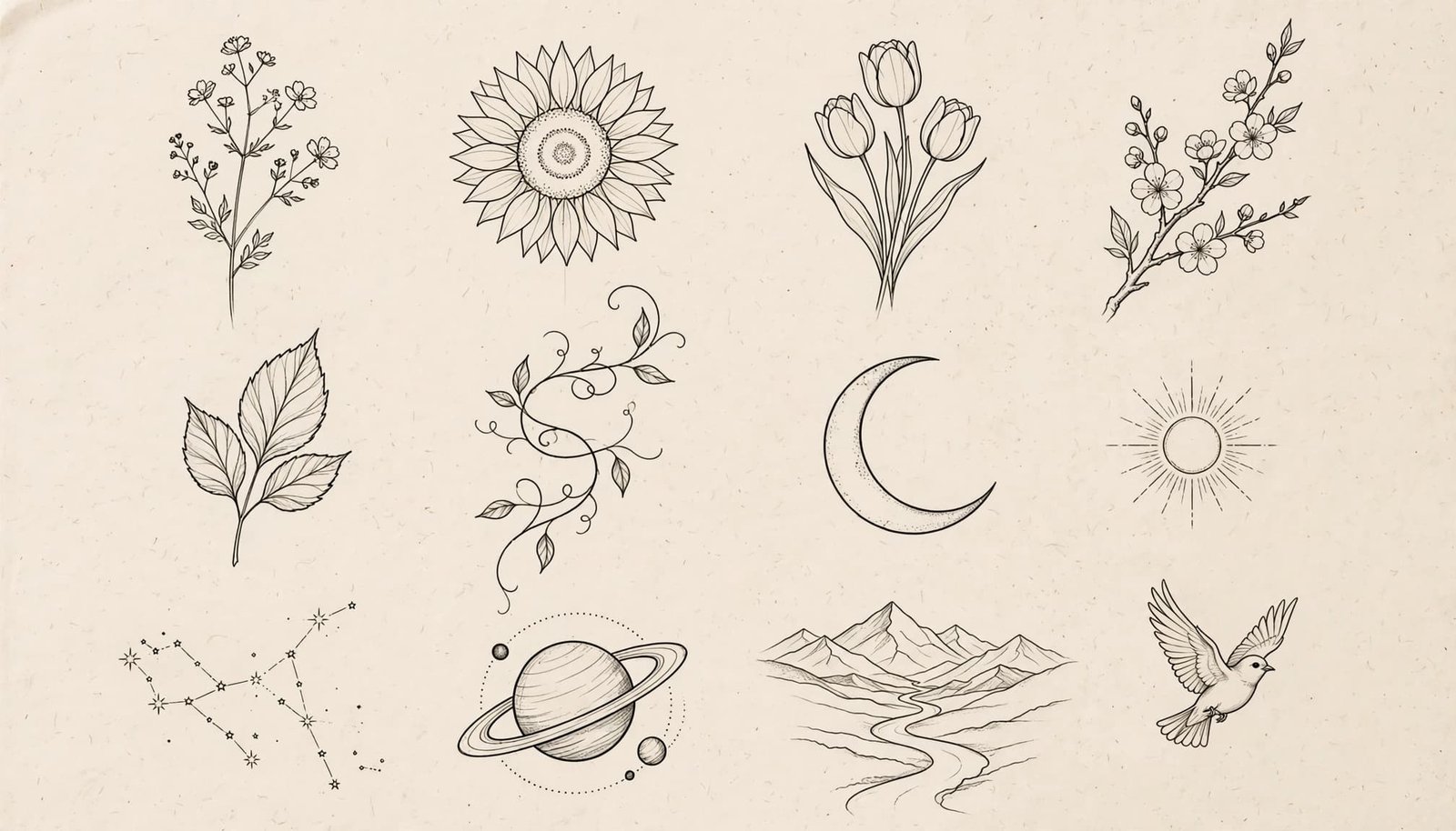 Twelve delicate black ink tattoo sketches on warm white paper.