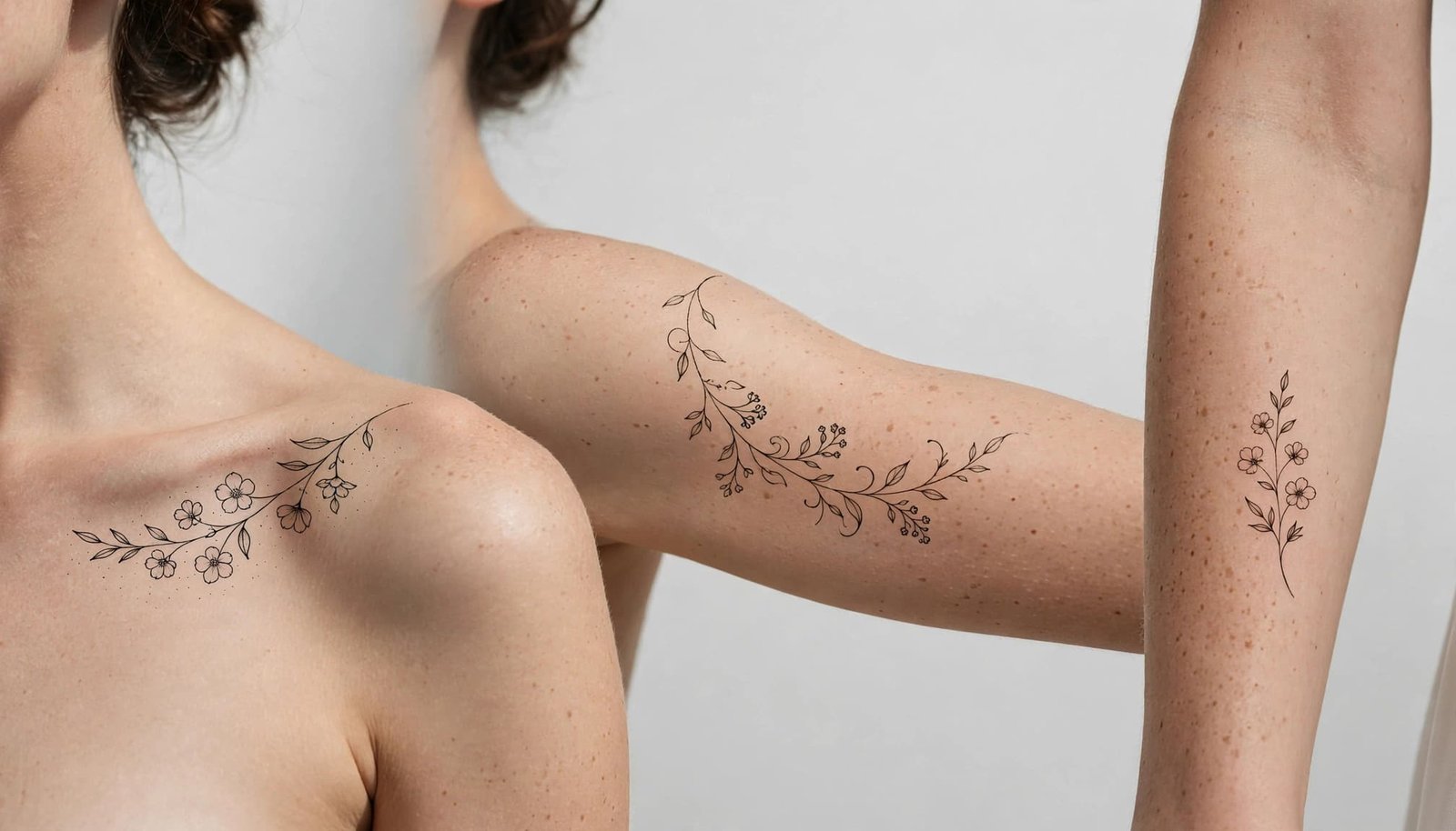 Woman showing delicate floral stencil designs on her shoulder, collarbone, forearm, and upper arm.