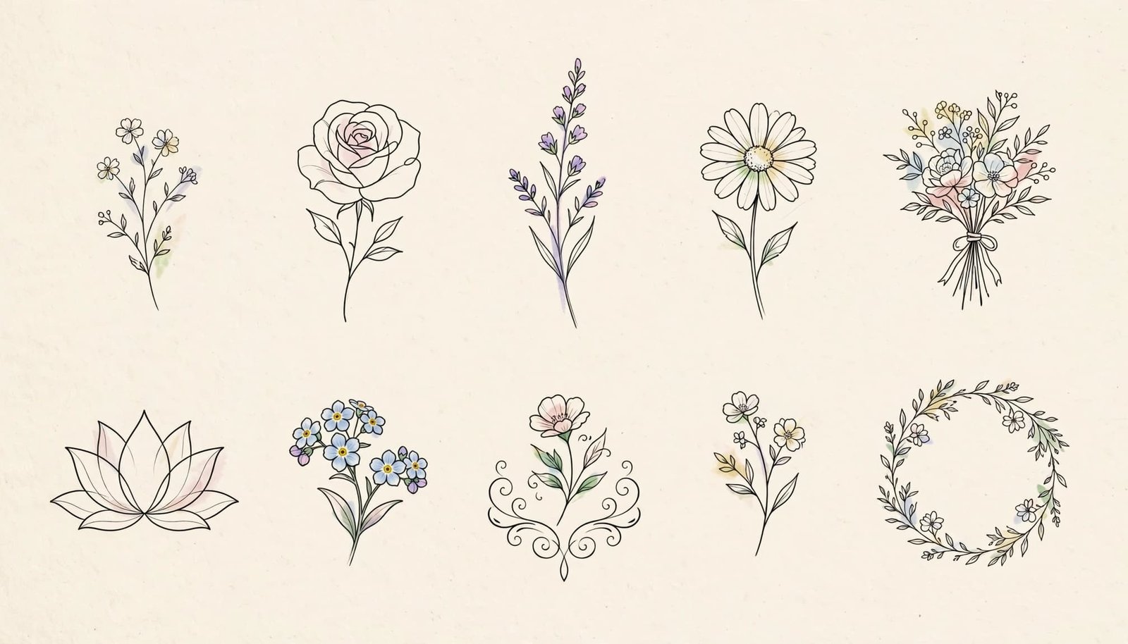 Ten delicate flower tattoo designs arranged on warm ivory paper.