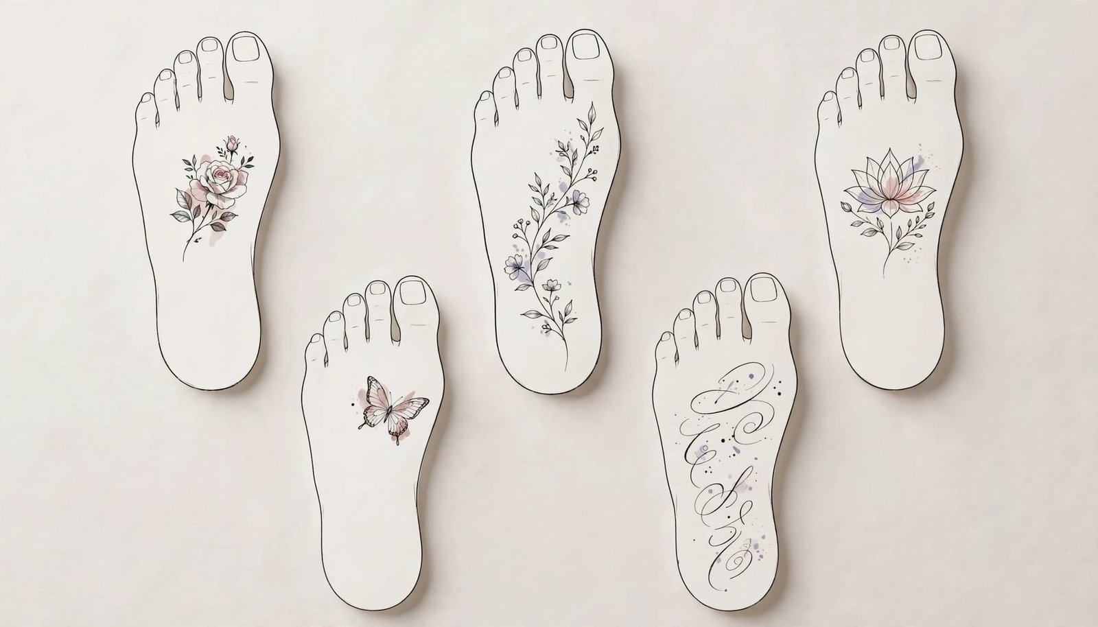 Five delicate tattoo designs shown on illustrated foot silhouettes.