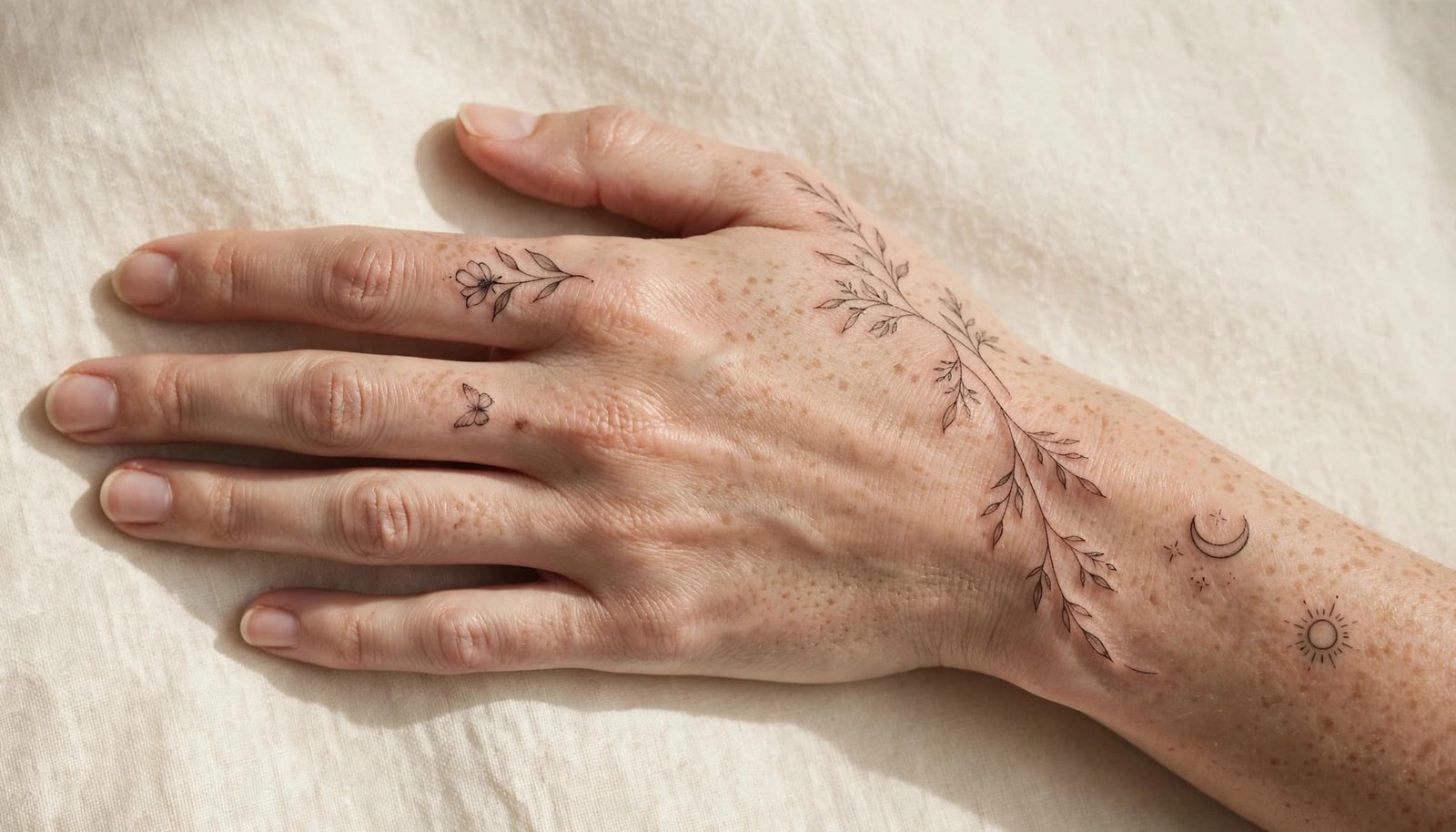 Tattooed woman's hand showing delicate flowers, leaves, a butterfly, moon, stars, and sun.