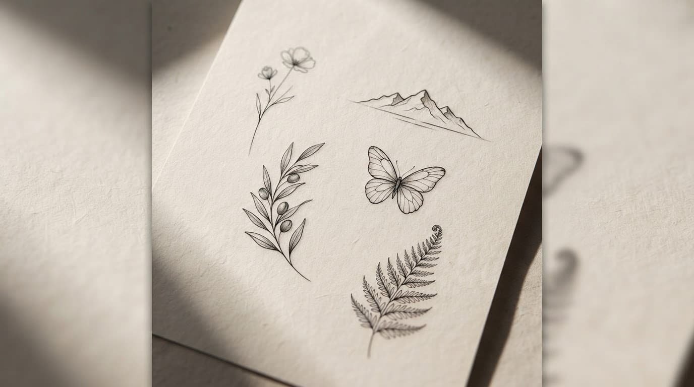 Five delicate nature tattoo designs arranged on a warm neutral surface.